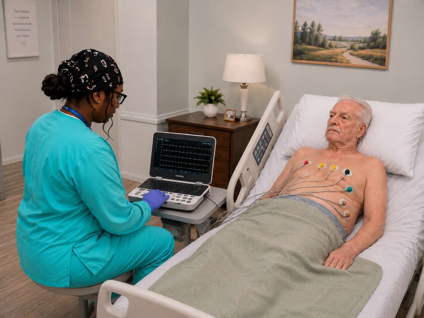 ClearView Diagnostics technologist performing a 12-lead EKG on a patient