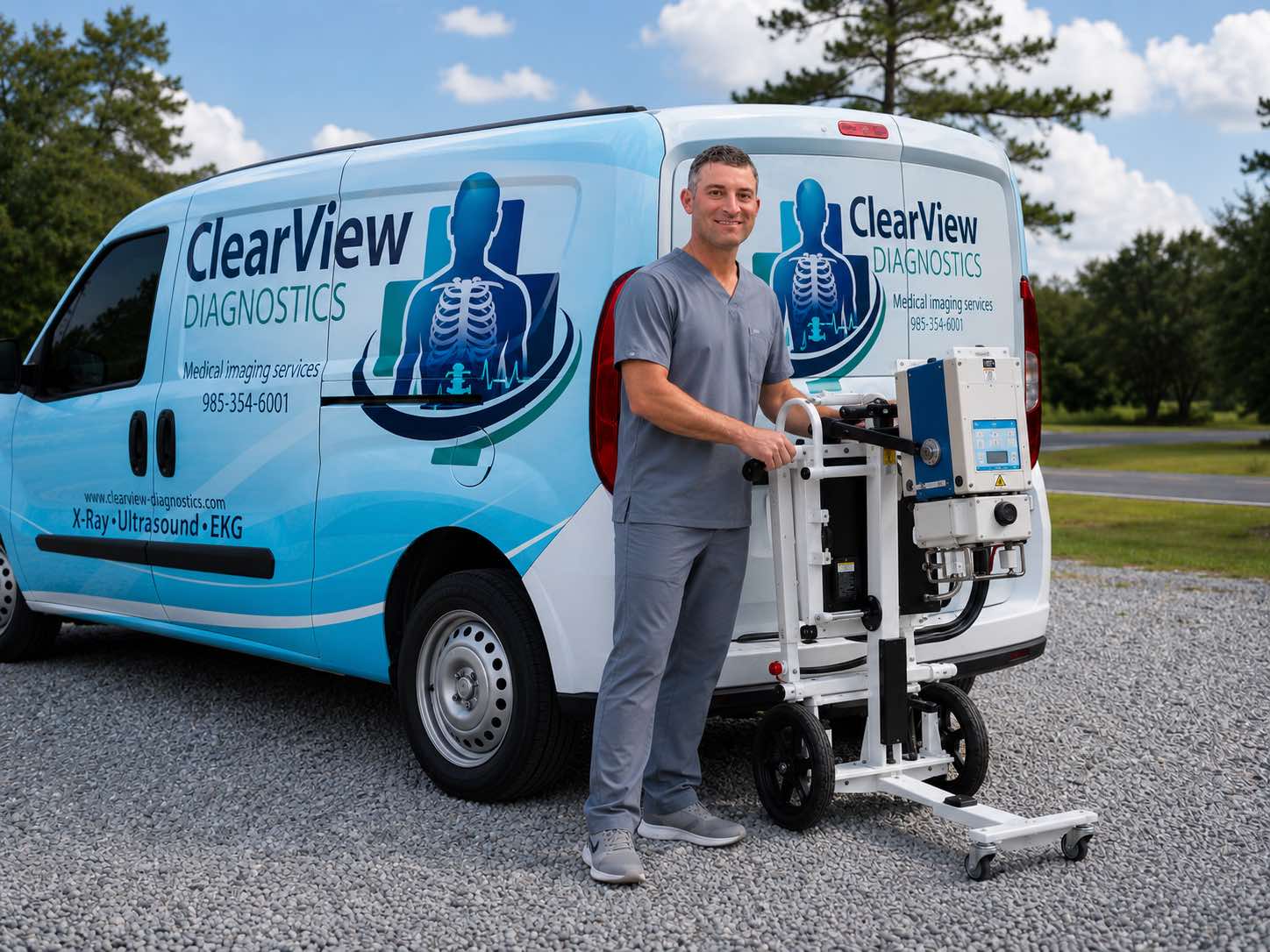 ClearView Diagnostics mobile imaging van with portable X-ray equipment in Morgan City, Louisiana