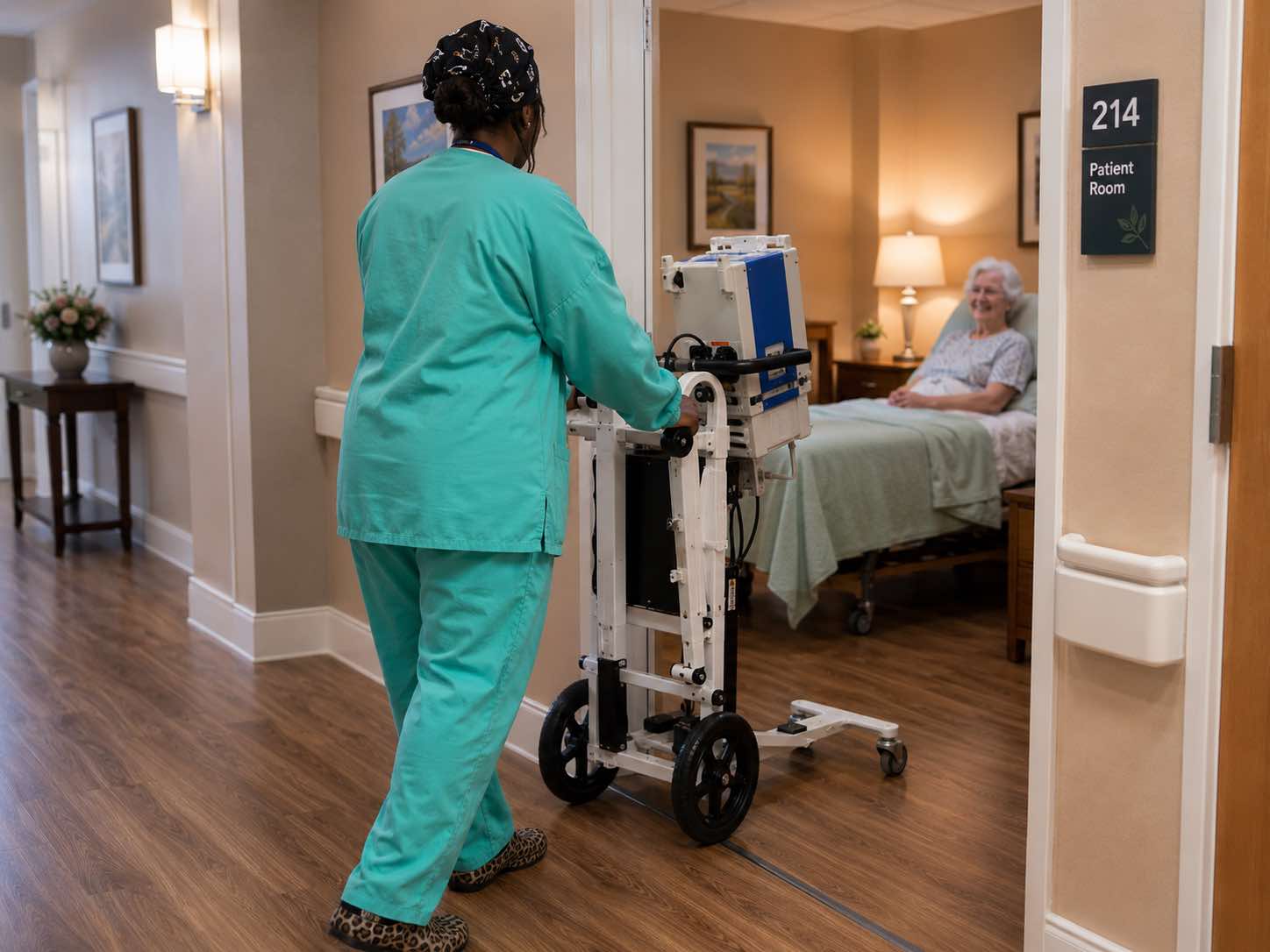 ClearView Diagnostics technologist bringing a portable X-ray unit into a nursing home room